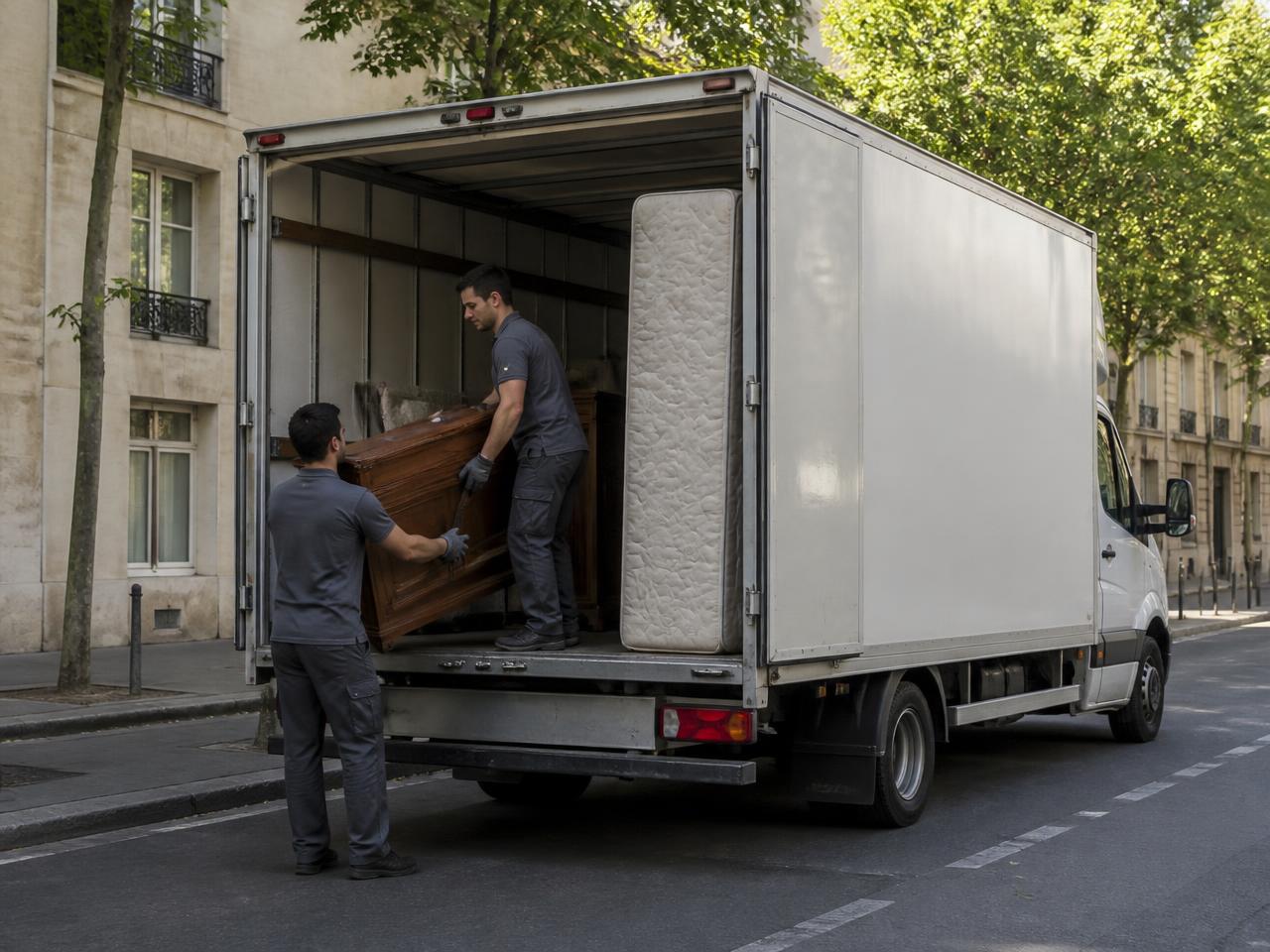 Camion de débarras chargé de meubles et d'un matelas