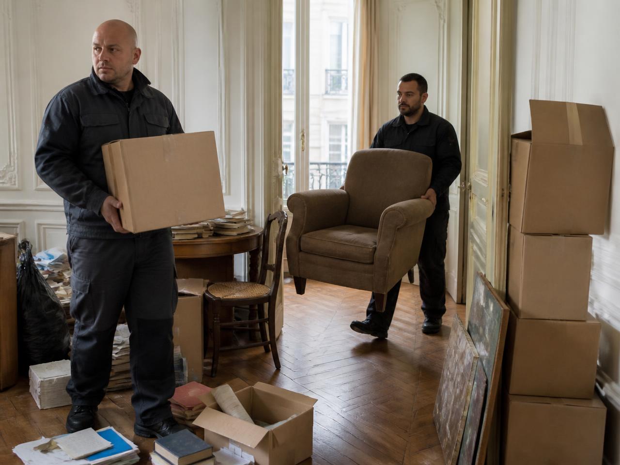 Équipe de débarras évacuant cartons et meubles
